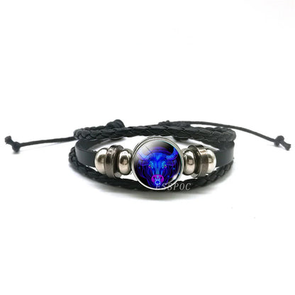 Men’s Zodiac Sign Leather Bracelet | 12 Constellation Black Braided Wrap | Punk Style Multilayer Bracelet for Birthday Gifts