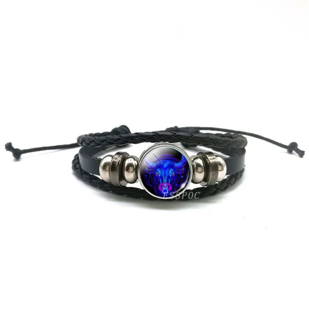 New Men's 12 Constellation Black Braided Leather Bracelet – Punk Style Zodiac Sign Multilayer Wrap Bracelet for Birthday Gifts