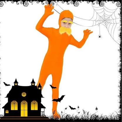 Halloween Orange Jumpsuit Costume - Yellow Moustache Cosplay Bodysuit for Kids & Adults