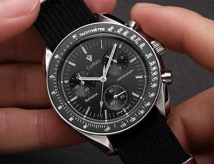 CADISEN Men's Luxury Watch – Quartz VK68 Chronograph, Sapphire AR Crystal, Canvas Strap Speed Style Wristwatch