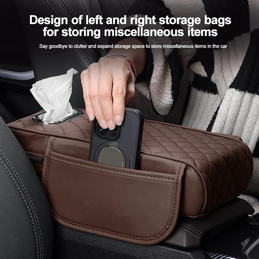 Car Center Console Protector Mat – Thick Memory Foam Armrest Cushion with Tissue Storage Pocket