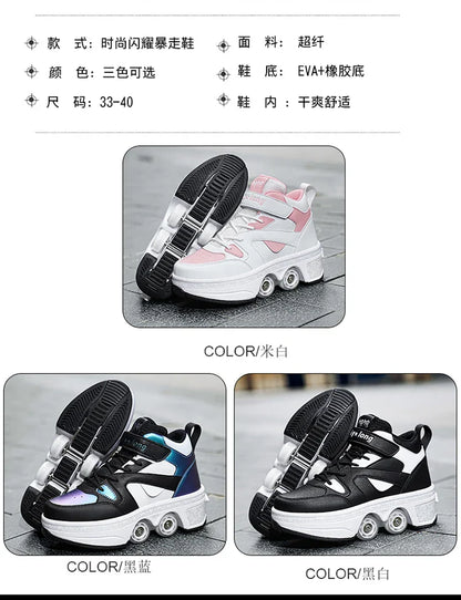 Women's High-Top 4-Wheel Roller Shoes – Fashionable Unisex Pop-Up Sneakers with Wheels, Dual-Purpose Skating & Casual Shoes
