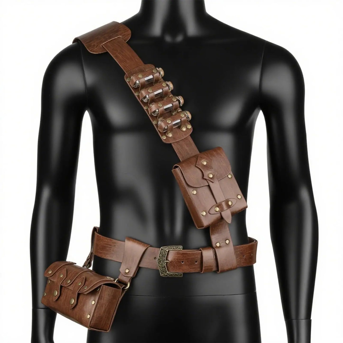 Steampunk Medieval Fanny Pack – PU Leather Waist Bag with Potion Bottles & Coin Purse for Men Cosplay