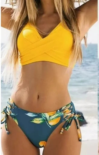 Vzvn Women’s Vintage Print Bikini Set - Cross Pleated Backless Lace-Up Two Piece Swimwear