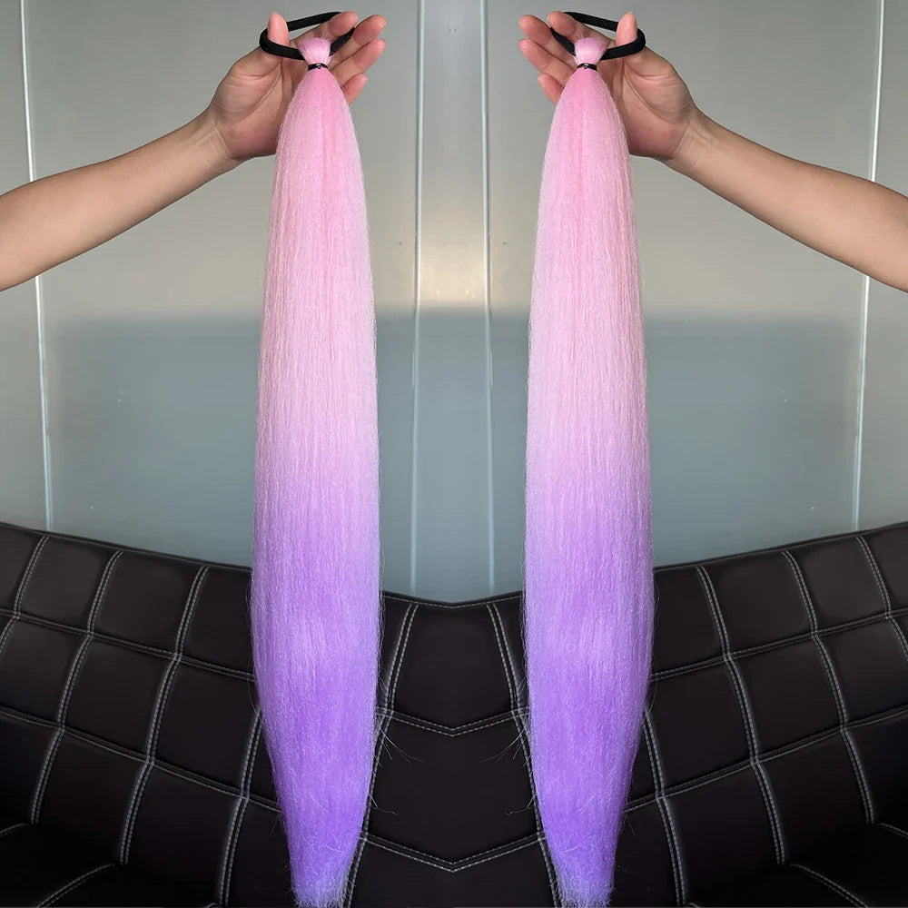 2PCS Synthetic Straight Ponytail Hair Extensions – Colorful Braiding with Elastic Hair Tie for Women