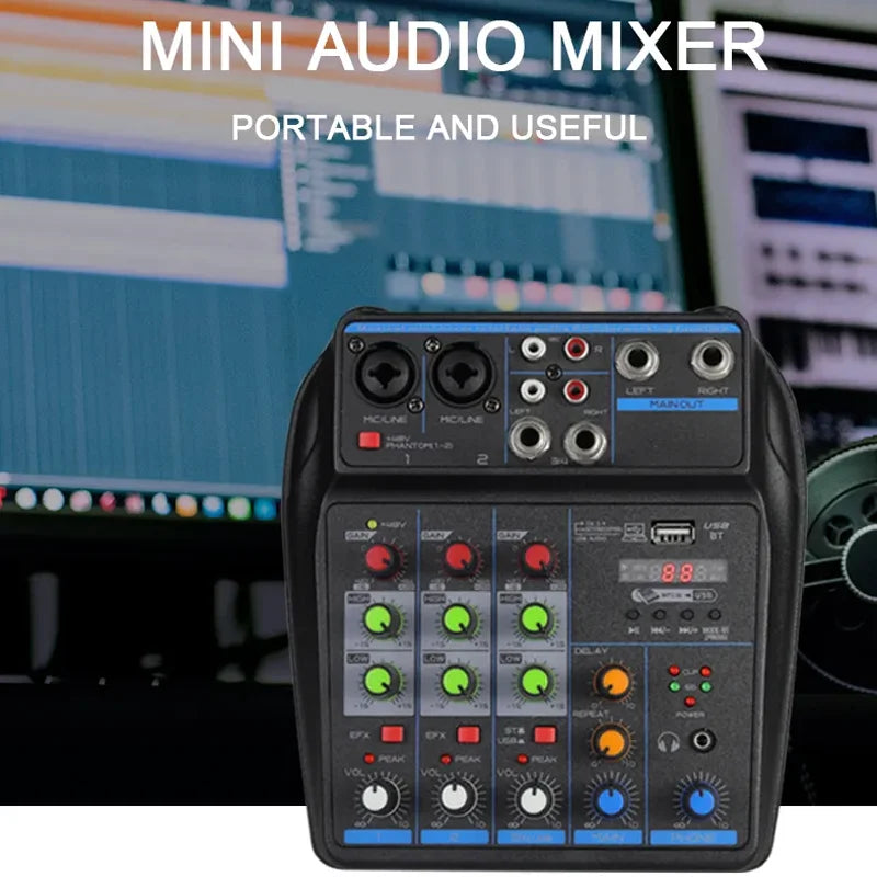 4-Channel DJ Mixer Console – Bluetooth Audio Mixer with 48V Phantom Power, USB & Karaoke Monitor System