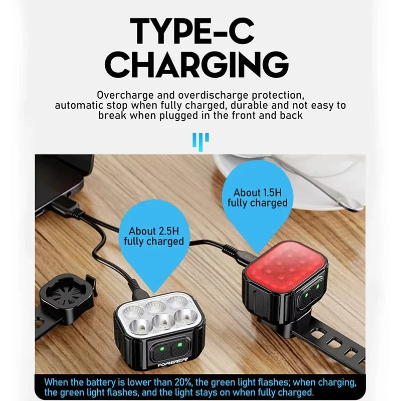 USB Rechargeable Bicycle Light Set – Waterproof LED Front Headlight & Rear Taillight for Mountain and Road Bikes
