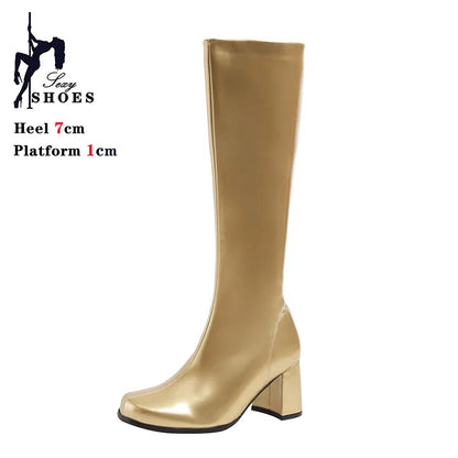 Women’s 7cm Retro Gogo Boots - 60s 70s Knee-High Square Heel Party Boots with Zip Size 44-45