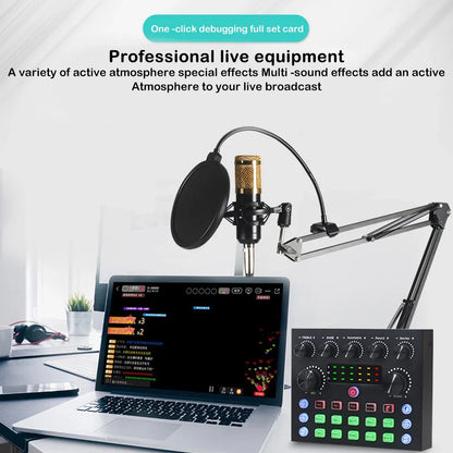 V8S Live Sound Card Podcast Kit - DJ Broadcast Audio Mixer with BM800 Microphone for Music Recording & Live Streaming