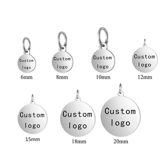 MaiLun 30pcs Laser Engraved Stainless Steel Logo Tags – 6mm-25mm Round Charms & Engravable Pendants for Jewelry Making