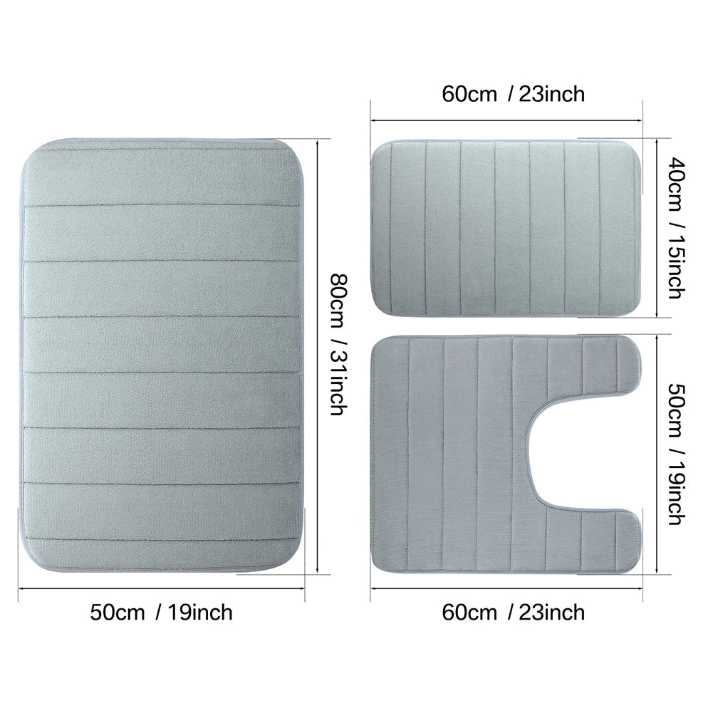 3PC Set Non-Slip Memory Foam Bath Mats - Soft, Water Absorbent, Quick-Dry, Machine Washable Floor Rugs