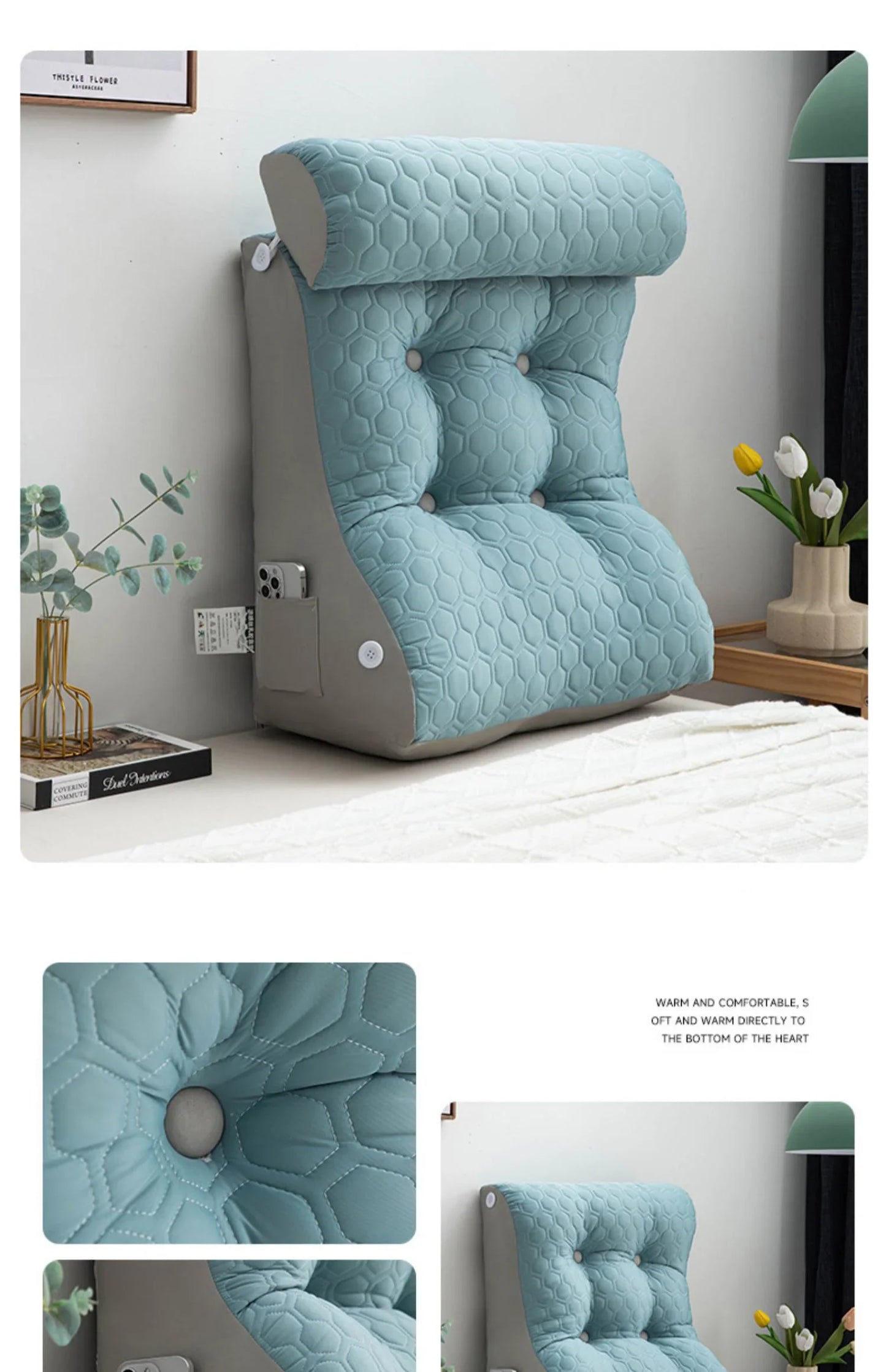 Soft Lumbar Bedside Cushion – Wedge Pillow for Back Support, TV Lounger & Reading, Decorative Bed Pillow