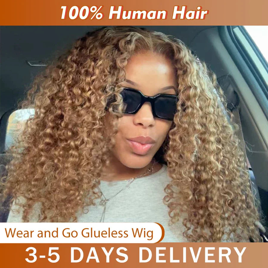 Deep Wave Honey Blonde Glueless Human Hair Wig — Pre-Cut HD Lace Front Ombre Curly Wig for Women