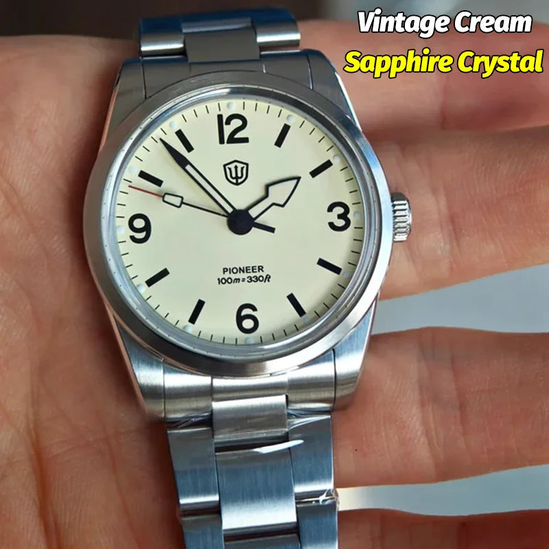 Watchdives WD1960S V2 36mm Vintage Cream Quartz Watch – VH31 Sweep Seconds, K1 Sapphire, Luminous Stainless Steel Men’s Watch