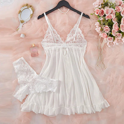 Women’s Lingerie Set — Plus Size Lace Nightgown, Thong & Suspender Sexy Sleepwear