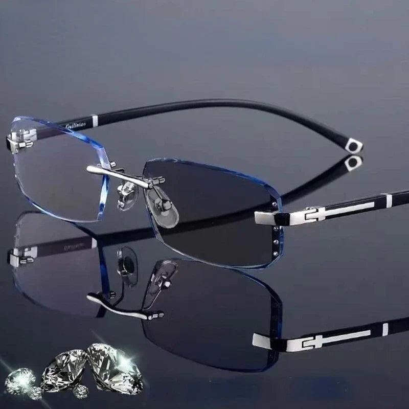 Luxury Diamond-Cut Photochromic Reading Glasses – Rimless Men’s & Women’s Color-Changing Presbyopia Eyewear