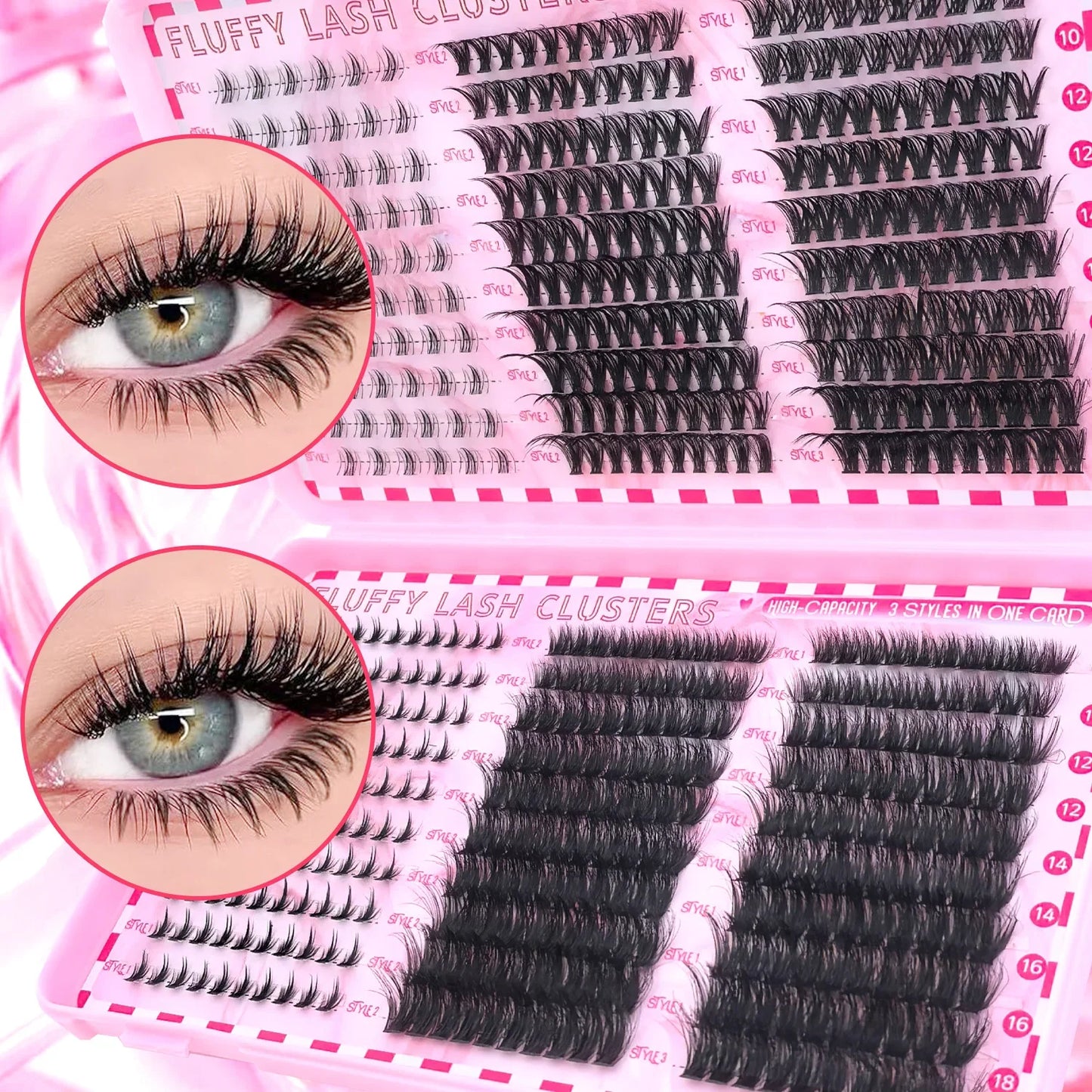 Top & Bottom Lash Extension Kit – 250/740 Cluster Fluffy Volume Mix Lengths DIY Eyelash Set for Bold Bombshell & Natural Lash Looks