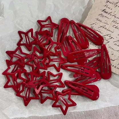 10 Pcs Red Star Snap Clips & Waterdrop Barrettes – Black & Silver Hairpin Accessories for Women Girls
