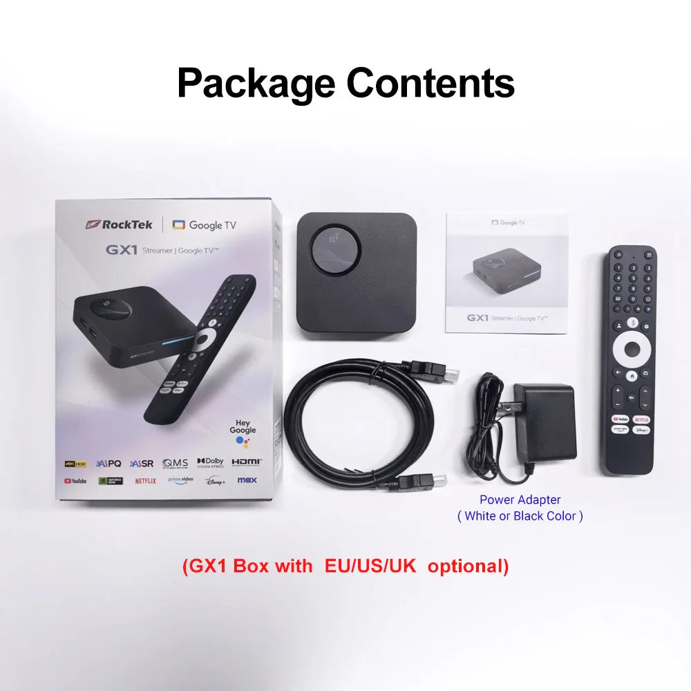 RockTek GX1 UHD Google TV Box — Android TV, 4GB RAM 32GB Storage, Netflix Certified, Dolby Atmos, WiFi6 & BT5.2
