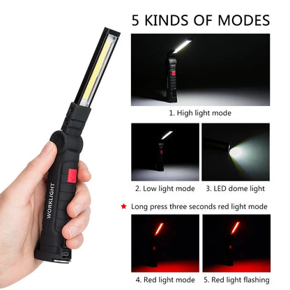 USB Rechargeable Camping LED Flashlight Work Light: IP64 Waterproof, 5 Lighting Modes - with Magnet and Hook, Suitable for Night Work