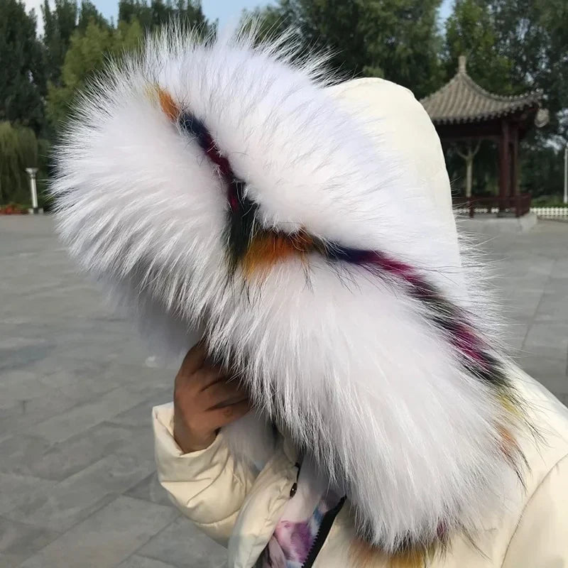 Natural Raccoon & Fox Fur Scarf – Luxury Women’s Winter Fur Collar and Hood Trim for Coats & Jackets