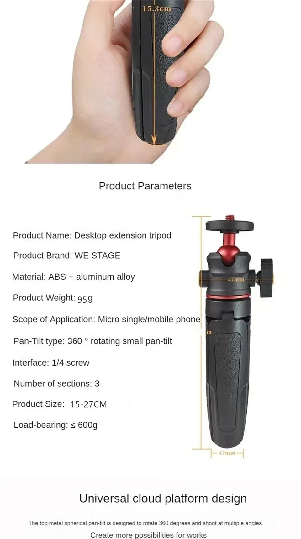 FGCLSY Extension Pole Tripod – Mini Selfie Stick Tripod Stand Handle Grip for GoPro, Insta360, DJI Action & Pocket Cameras