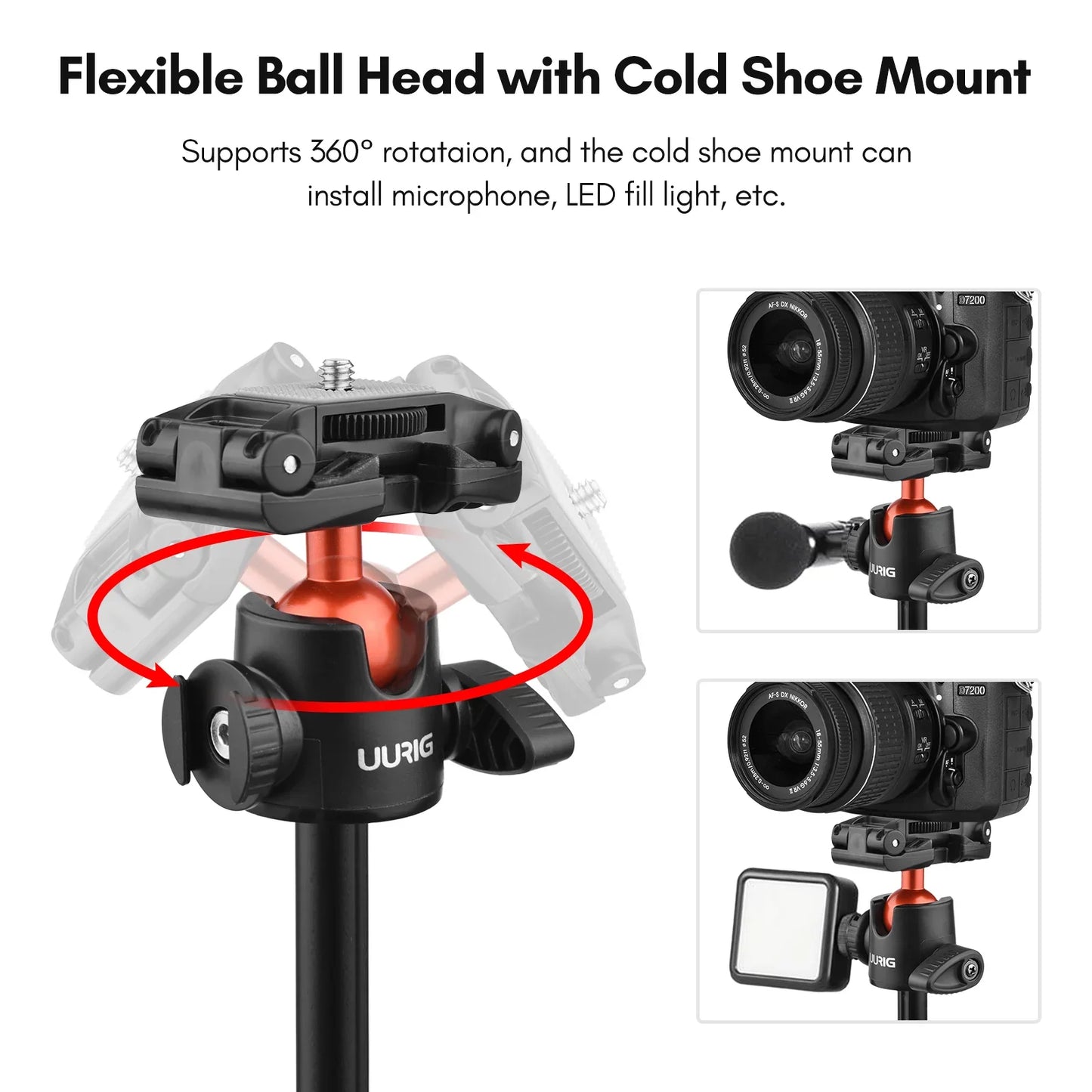 UURIG TP-02/TP-03 Selfie Stick Tripod — Flexible Ball, 130cm Max Height with 1/4'' Screw for Smartphone & Camera Vlogging