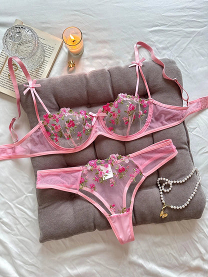 Sexy Lace Floral Lingerie Set for Women — Transparent Bra & Underwear Party Set, Sizes S-XL