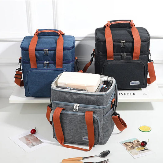 Large Capacity Double Layer Crosbody Lunch Bags - Thermal Insulation Picnic Food & Beverage Bag for Outdoor Travel Storage