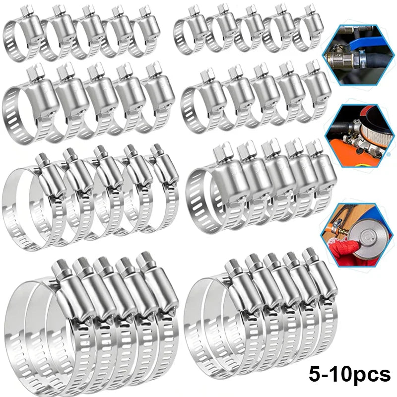 5–10PCS Stainless Steel Adjustable Hose Clamps – Worm Drive Fuel Line Clips, 8–152mm Adjustable Size for Plumbing & Automotive Use
