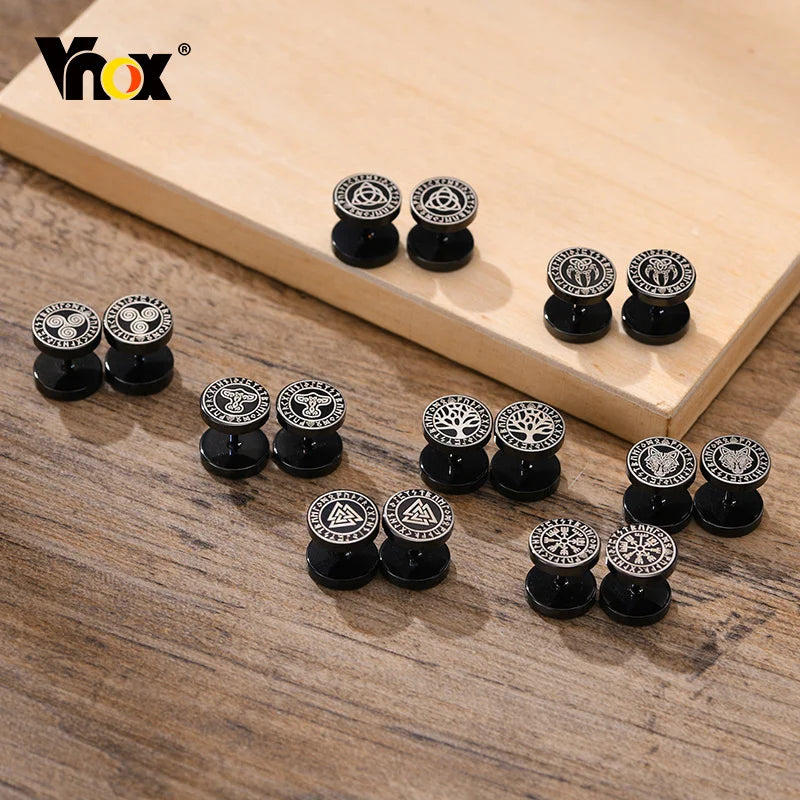 Vnox Men's Viking Black Stud Earrings - Vegvisir & Norse Valknut, Cool Punk Stainless Steel Set