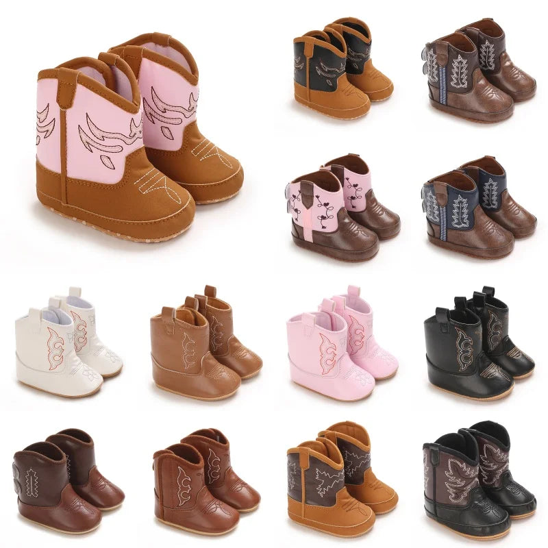 Western Cowboy Baby Boots - Soft Sole Embroidered Pre-Walker Shoes for Newborn Girls 0-18M