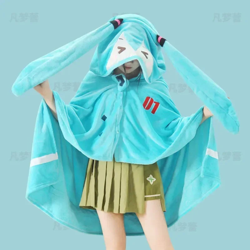Kawaii Hatsune Itabag Multi-Functional Hooded Air Conditioning Blanket – Soft & Warm Miku Flannel Siesta Shawl Gift