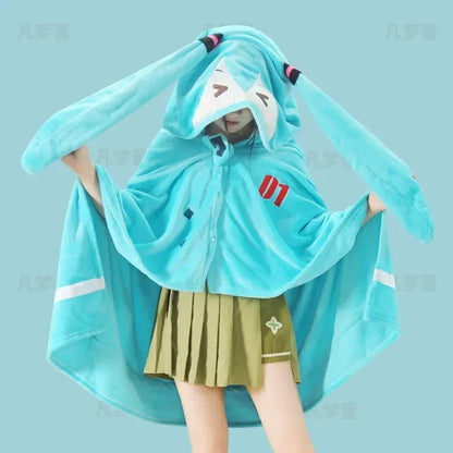 Kawaii Hatsune Itabag Multi-Functional Hooded Air Conditioning Blanket – Soft & Warm Miku Flannel Siesta Shawl Gift