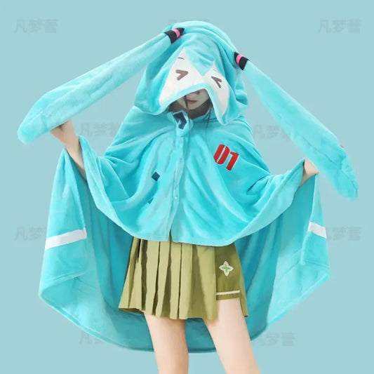 Kawaii Hatsune Itabag Multi-Functional Hooded Air Conditioning Blanket – Soft & Warm Miku Flannel Siesta Shawl Gift
