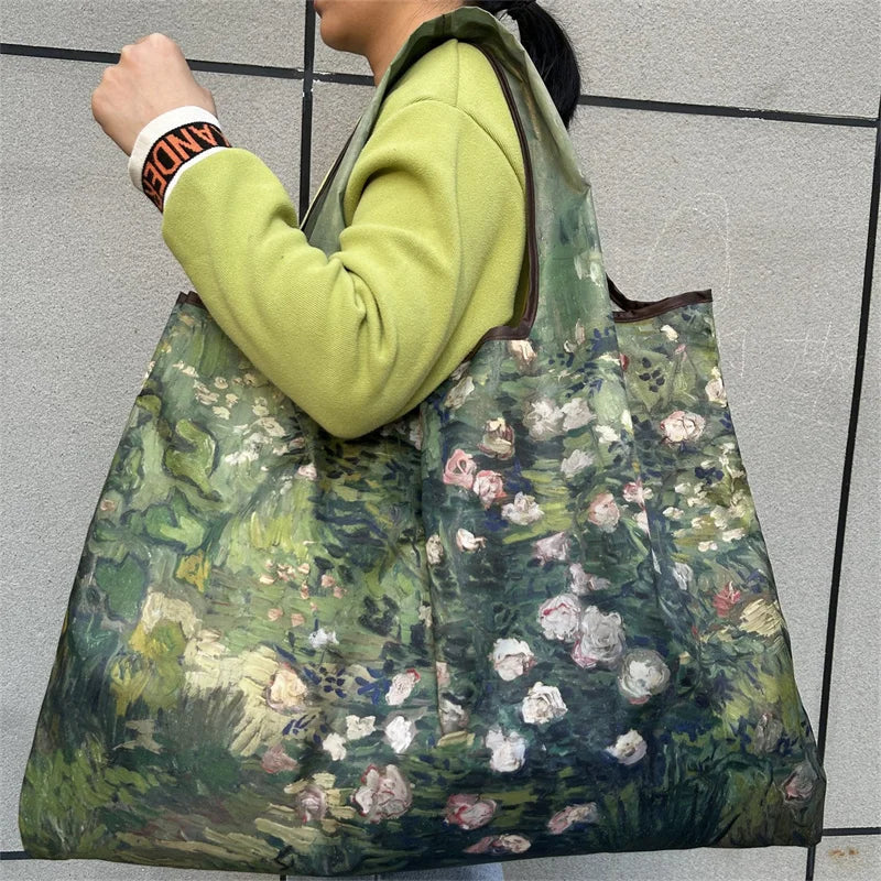 Flower Oil Painting Foldable Reusable Shopping Bag – Large Capacity Portable Shoulder Tote for Travel, Grocery & Beach Storage Handbag