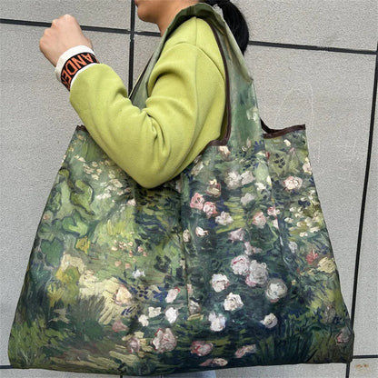 Flower Oil Painting Foldable Reusable Shopping Bag – Large Capacity Portable Shoulder Tote for Travel, Grocery & Beach Storage Handbag