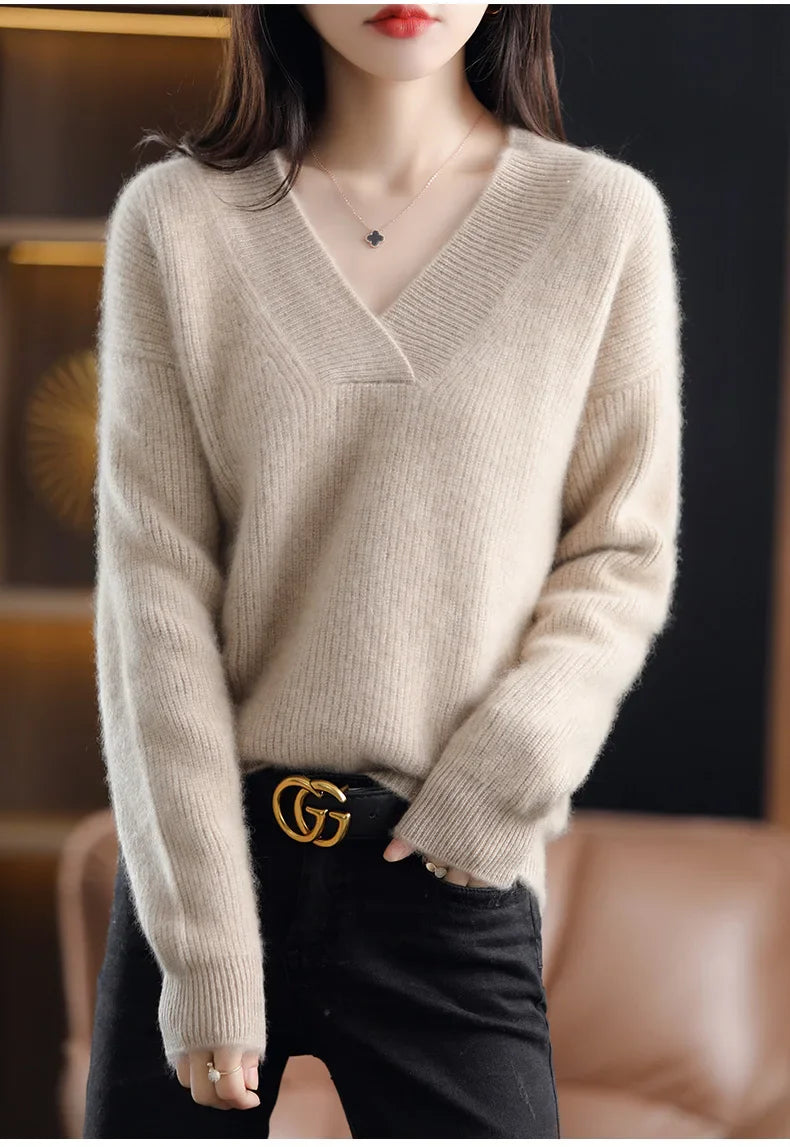 Women’s Knitted V-Neck Sweater – Long Sleeve Solid Pullover Knit Top
