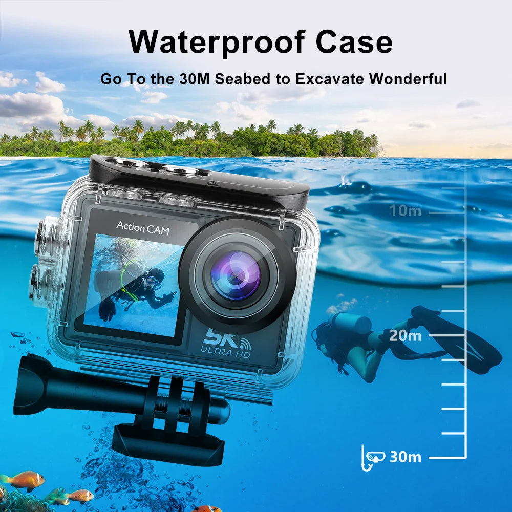 5K Action Camera – 4K 60FPS Dual IPS Touchscreen, WiFi, 170° Wide-Angle, 30M Waterproof, 5X Zoom, Anti-Shake, Remote Control