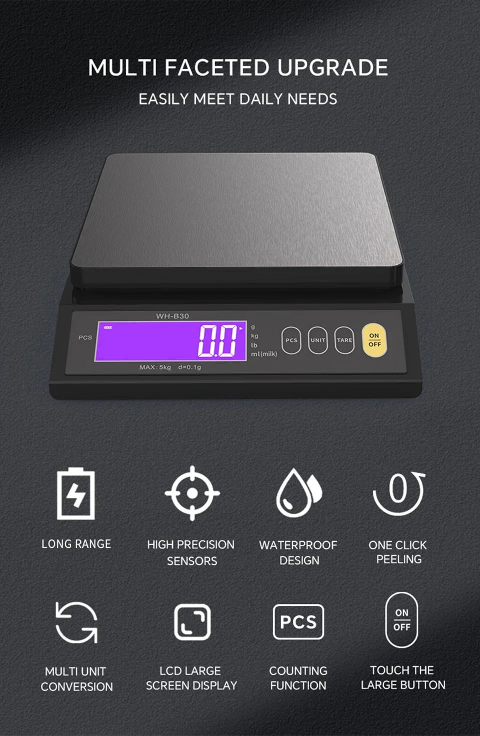 5kg/0.1g and 10kg/1g Digital Electronic Kitchen Scale, LCD Display, Fully Waterproof Stainless Steel Weighing Tool for Baking