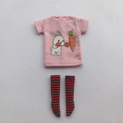 Handmade OB24 1/6 Blyth Doll Clothes – Cartoon T-Shirt with Striped Socks for 1/6 Doll Accessories