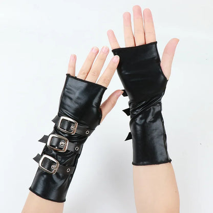 Women Gothic Fingerless Gloves – Black Half Finger Short Leather Gloves with Metal Buckle Wristband, Punk Style Arm Sleeves & Fashion Accessories