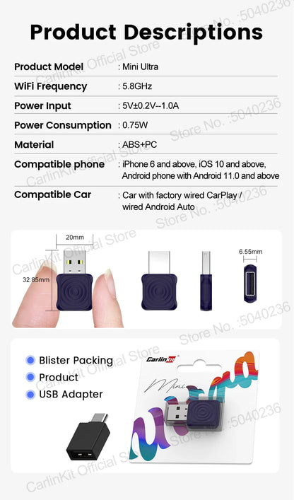 CarlinKit 5.0 Mini Wireless CarPlay & Android Auto Adapter – Plug & Play WiFi Bluetooth for OEM Cars