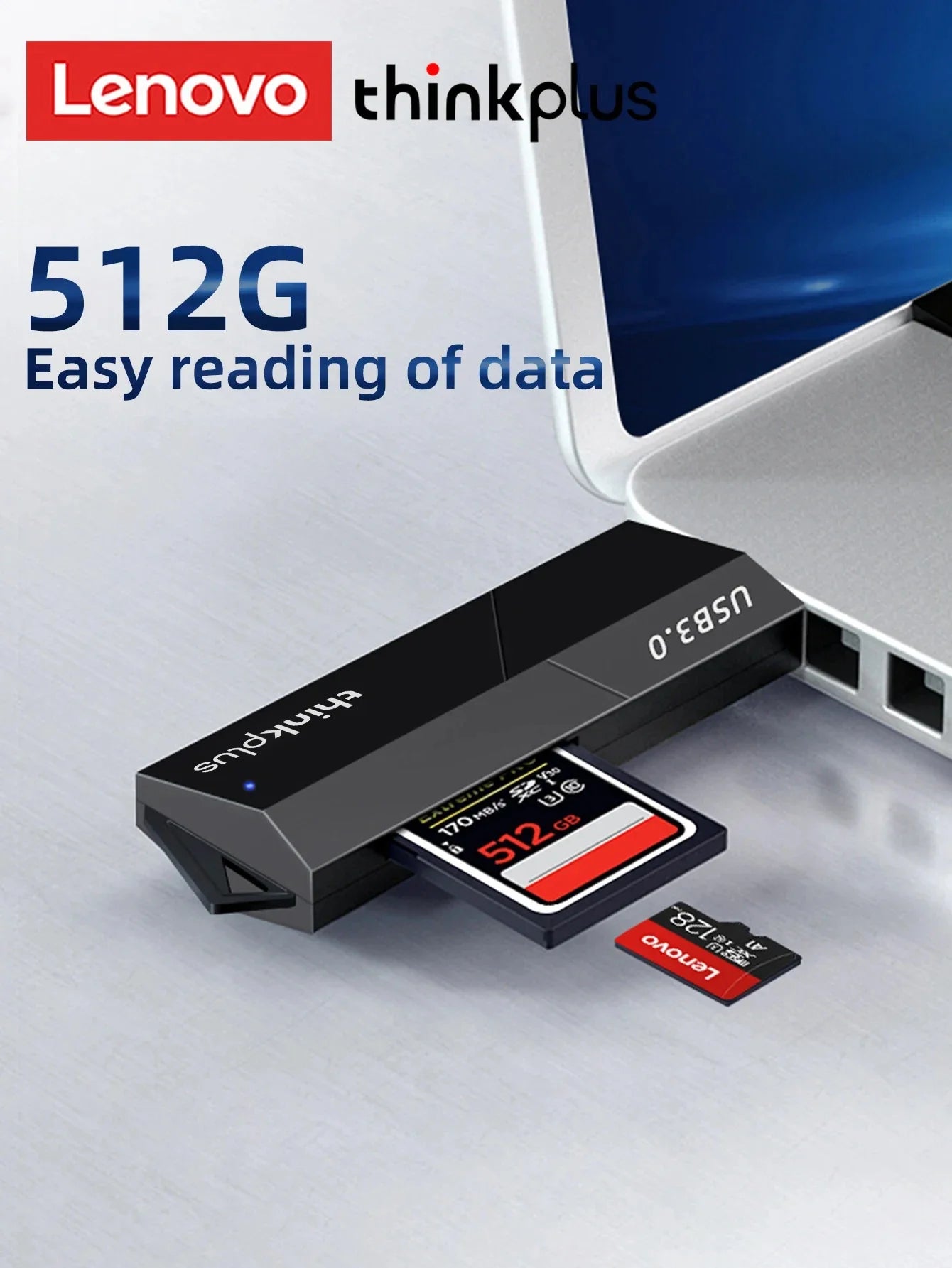 Lenovo D204 2 in 1 Memory Card Reader - Dual Interface USB 3.0 SD Card Adapter, Multi-Device Compatible