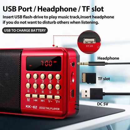 STONEGO Mini Portable Radio — Handheld Rechargeable Digital FM Radio with USB/TF MP3 Player, Speaker Device for On-the-Go Use