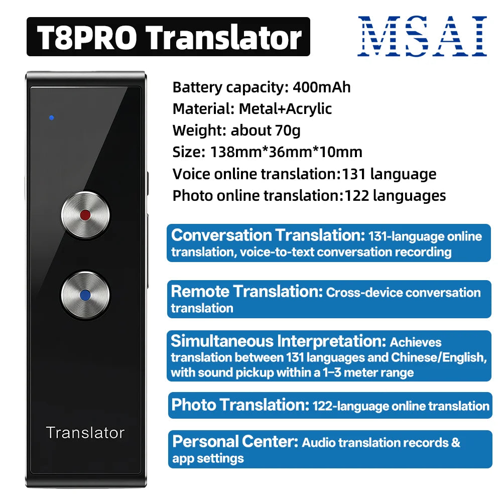 MSAI T8 PRO Voice Translator – 131 Languages Real-Time Two-Way Translation Device with Bluetooth 5.1 for Business & Travel Communication Tool