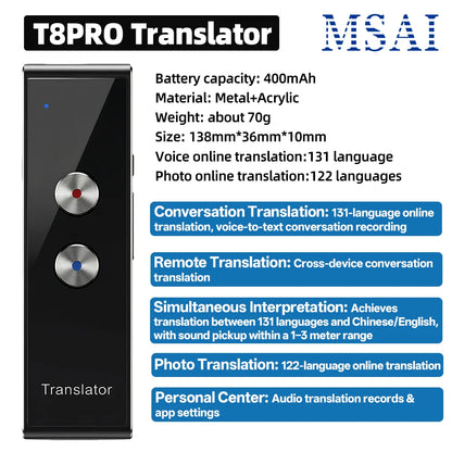 MSAI T8 PRO Voice Translator – 131 Languages Real-Time Two-Way Translation Device with Bluetooth 5.1 for Business & Travel Communication Tool
