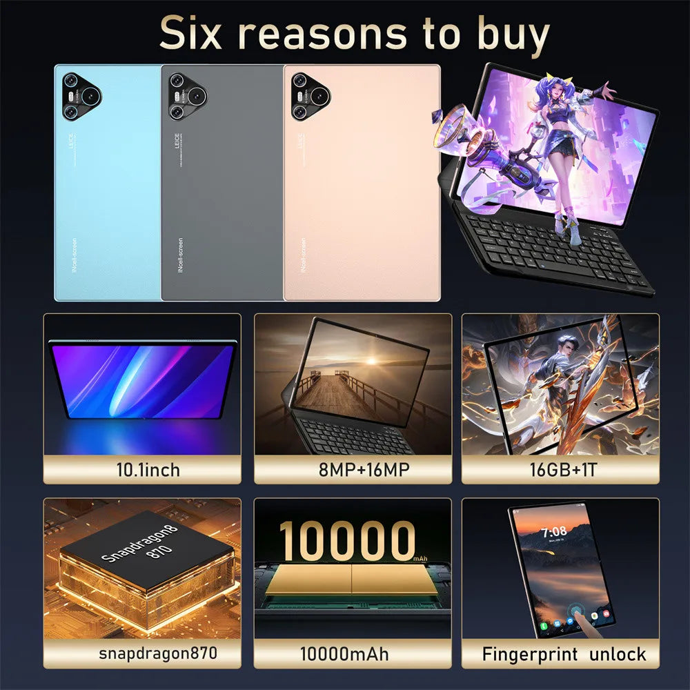 16 Pro 10.1" Android Tablet – HD Display, Android 12, 4G/5G Dual SIM, GPS, 10000mAh for Kids