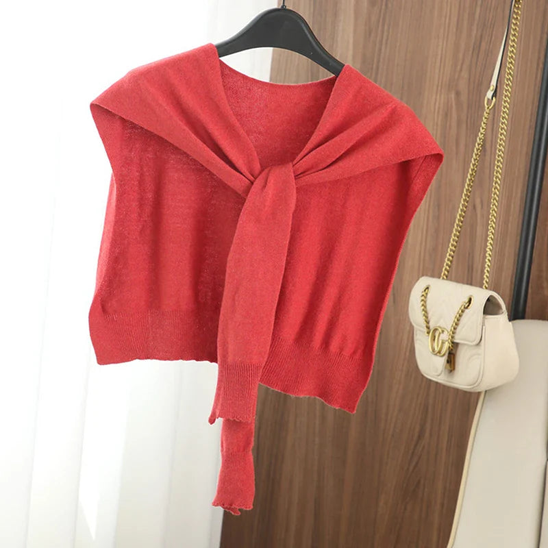 Striped Knitted Shawl Scarf – Warm Winter Cape with Fake Collar for Women