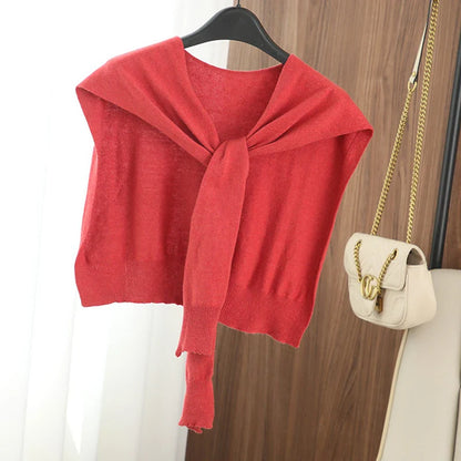 Striped Knitted Shawl Scarf – Warm Winter Cape with Fake Collar for Women